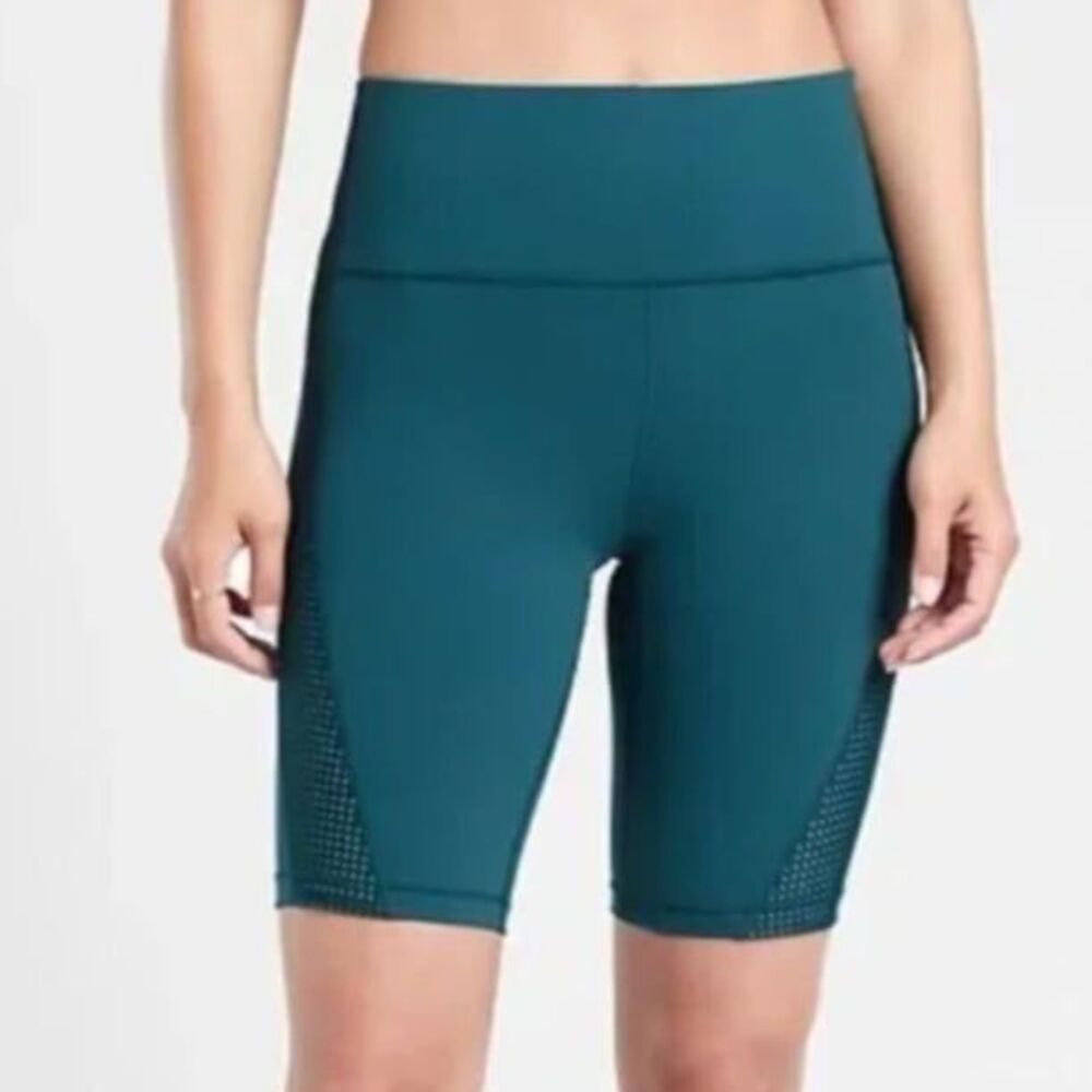 Athleta HIIT It 9" Bike Shorts Oceanic Teal High Rise Mesh Active NWOT Small